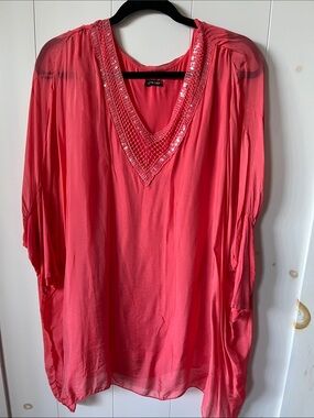 Jenni Coral Pink Sequin V-Neck Tunic Top